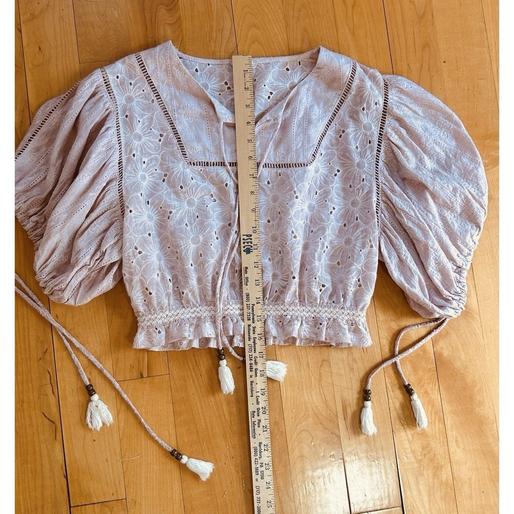 POL Anthropology Women Pink Lace Embroidered Eyelet Crop Top Balloon Sleeves L - Picture 6 of 8